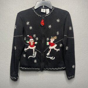 Tiara Girls Black Knit Christmas Cardigan Sweater Ice Skaters & Snowflakes XL 16